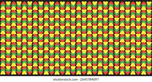 A bright, seamless pattern of red, yellow, and green hearts on a black background, perfect for love, celebration, or cultural themes.