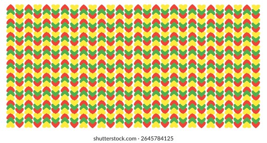 A bright, seamless pattern of red, yellow, and green hearts on a white background, perfect for love, celebration, or cultural themes.