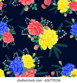 Bright seamless pattern with red,yellow,blue roses on a dark background.Vector illustration in the retro style.Beautiful  Print for book covers, textile,fabric,wrapping gift paper