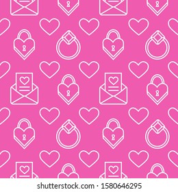 Bright seamless pattern with repeatable objects: letter, ring, heart and lock on the pink background. Cute vector Valentine day ornament. Usable for invitations, cards, wrapping paper, packets