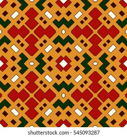 Bright seamless pattern with repeated geometric forms. Embroidery stylized ornamental abstract background. Ethnic and tribal motifs. Digital paper, textile print, page fill. Vector art