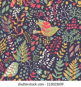 Bright seamless pattern in retro style. Birds in leafs Ã¢Â?Â? freedom concept