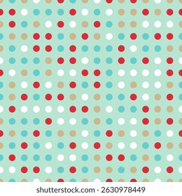 Bright seamless pattern with retro-style circles on a mint background. Multicolored polka dots in red, white, beige and blue shades. Ideal for textiles, packaging, scrapbooking, decorative decoration 