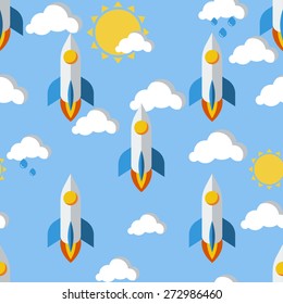 Bright seamless pattern with rockets, clouds and sun drawn in childish style
