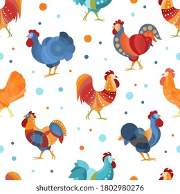 Bright Seamless Pattern with Roosters, Design Element Can Be Used for Wallpaper, Packaging, Background Cartoon Vector Illustration