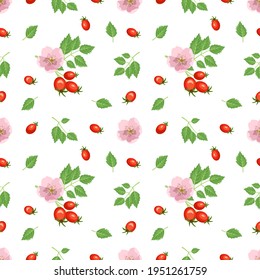 Bright seamless pattern with rose hips, red berries, leaves and flowers. Summer cute print for wrapping paper, textile and design. Vector illustration