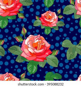 Bright seamless pattern with roses, buds and leaves on a blue background with circles. Floral Vector illustration for wallpaper, gift wrapping,cards,scrapbooking,web.