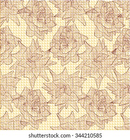 Bright seamless pattern with roses. Floral background. A dark outline. Linear style. Hand drawn. Geometric texture. Vector illustration.