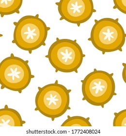 Bright seamless pattern - round pineapple slices. Simple and stylish illustration for packaging, cards, design. Cute yellow fruits in flat style.