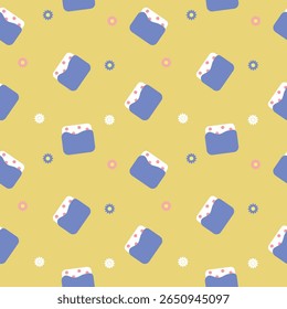 Padrão sem emenda brilhante com almofadas sanitárias no fundo amarelo. Perfeito para embalagens de bem-estar e tópicos de saúde feminina