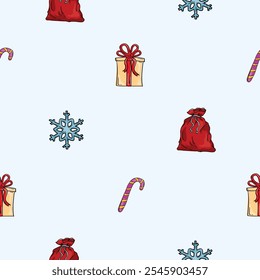 Bright seamless pattern with Santa's bag, snowflake, gift and candy cane. Endless New Year and Christmas background. Design for decoration, wrapping paper, print