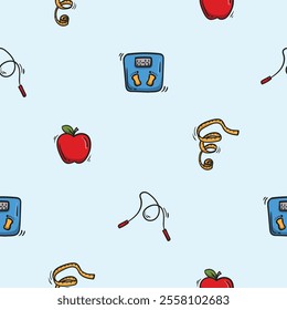 Bright seamless pattern with scales, measuring tape, skipping rope and apple. Vector editable background for sport, fitness, gym and healthy lifestyle. Hand drawn design for wrapping paper, print