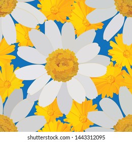 bright seamless pattern of a scattering of flowers of large white and small yellow daisies on a blue background