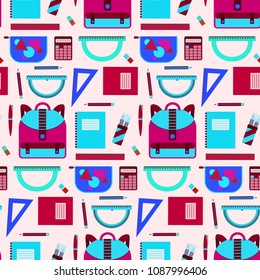 Bright seamless pattern with school equipment in blue and pink colors. Cute contrast kids texture for textile, wrapping paper, wallpaper, bookstore banners, background, education advertising