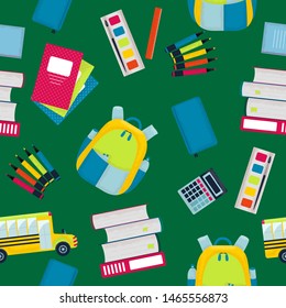 Bright seamless pattern with school supplies on green background. Vector design in flat style.