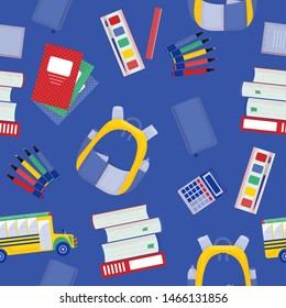 Bright seamless pattern with school supplies on blue background. Vector design in flat style.
