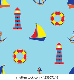 Bright seamless pattern with sea elements in doodle style. Sailboat, lighthouse, anchor, Buoy.