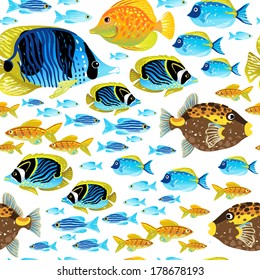 Bright seamless pattern with sea fish. Marine life vector background. It can be used for wallpaper, pattern fills, web page background, surface textures.