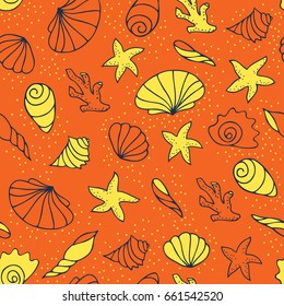 Bright seamless pattern with seashells, coral and starfish.