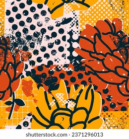 Bright seamless pattern with shapes and flowers with different textures. Abstract background, print, design