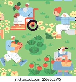 Bright seamless pattern showcasing Healthy Aging for seniors, featuring elders gardening, exercising, and embracing wellness in a vibrant, nature-inspired setting.