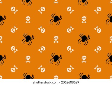 Bright seamless pattern with skull, crossbones and spiders on orange background. Fashion print for kids party, holiday, halloween, textile and design