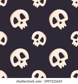 Bright seamless pattern with skulls and crossbones on a dark background. Fashion print for kids party, holiday, halloween, textile and design