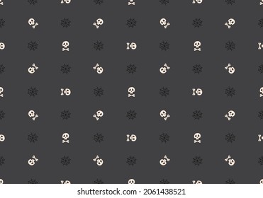 Patrón luminoso sin fisuras con cráneos, huesos cruzados y telaraña sobre fondo oscuro. Impresión de moda para fiestas infantiles, fiestas, halloween, textiles y diseño