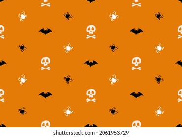Bright seamless pattern and skulls   crossbones  spiders   bats orange background  Fashion print for kids party  holiday  halloween  textile   design