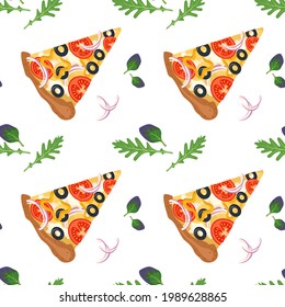 Luminoso patrón sin costuras con rebanadas de pizza. Impresión de comida rápida con verduras y queso. Diseño para textiles, papel, café y restaurante