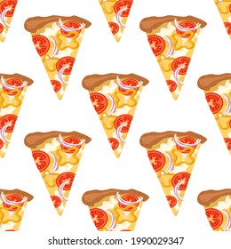 Bright seamless pattern with slices of pizza. Fast food print with tomato and cheese. Design for textile, paper, cafe and restaurant