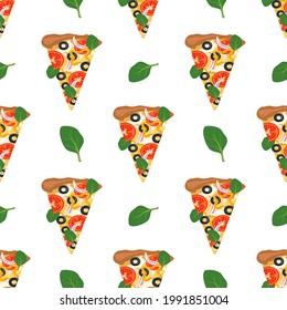 Bright seamless pattern with slices of pizza. Fast food print with vegetables and cheese. Design for textile, paper, cafe and restaurant