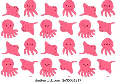 Bright seamless pattern with smiling pink octopuses on white background, ideal for marine-themed children’s prints