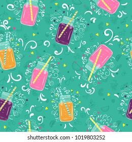 Bright seamless pattern with smoothies in a jars in doodle style