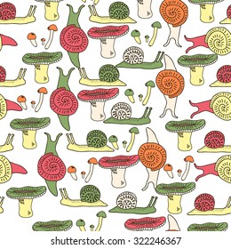 Bright seamless pattern with snails and mushrooms on white background. Vector illustration for textile design, wallpaper, wrapping paper etc.