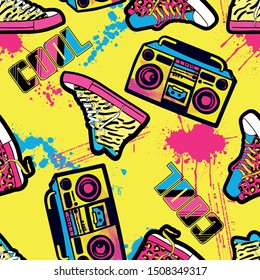 Bright seamless pattern with sneakers and tape recorder. 90s style. Background for textiles, clothes, prints, wrapping paper and other
