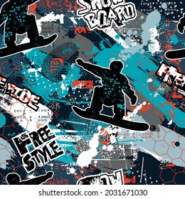 Bright seamless pattern with snow boarders. Sport winter background with snowboards. Pattern for sportswear, textiles, wrapping paper and more.
