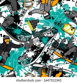 Bright seamless pattern with snowboarders. Sport winter background with snowboards. Pattern for sportswear, textiles, wrapping paper and more.
