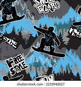 Bright seamless pattern with snowboarders. Sport winter background with snowboards. Pattern for sportswear, textiles, wrapping paper and more.
