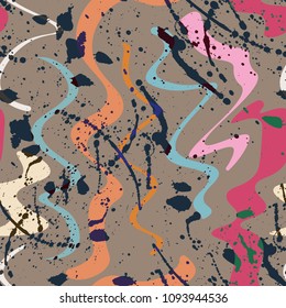 Bright seamless pattern with splashes, spray of paint and wave element.