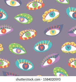 Bright seamless pattern for St. Valentine's Day with different eyes with hearts inside. Vector texture