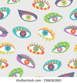 Bright seamless pattern for St. Valentine's Day with different eyes with hearts inside on gray background. Vector texture