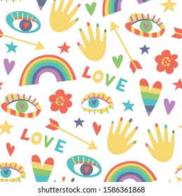 Bright seamless pattern for St  Valentine's Day and rainbows  hearts  eyes   flowers white background  Vector texture and LGBT symbols