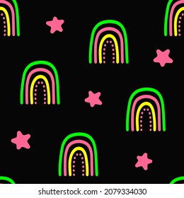 Patrón luminoso sin fisuras con estrellas y arcos dibujados a mano. Impresión de muchacha infinita. Ilustración vectorial de corte.