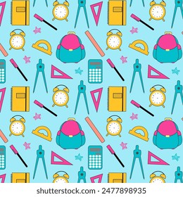 Bright seamless pattern with stationery on a blue background. Editable background. School pattern. Back to school. For fabric, wrapping paper, wallpaper. As a background banner