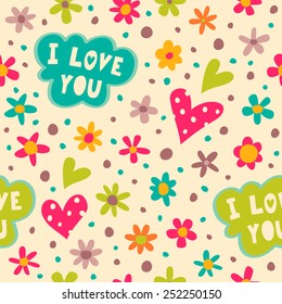 Bright seamless pattern with sticker "I love you", hearts, flowers, confetti.