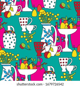 Bright seamless pattern of still life, composition, vases, cup, blooming plants