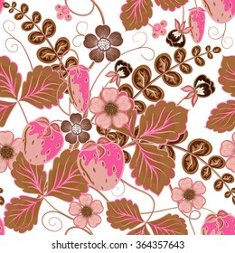Bright seamless pattern with a strawberry, leaves and flowers in pink and brown tone (vector)