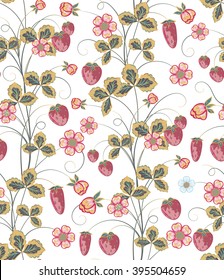 Bright seamless pattern with a strawberry, leaves and flowers (vector)