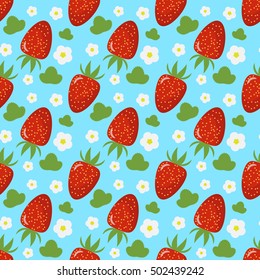 Bright seamless pattern with a strawberry leaves and flowers. turquoise background